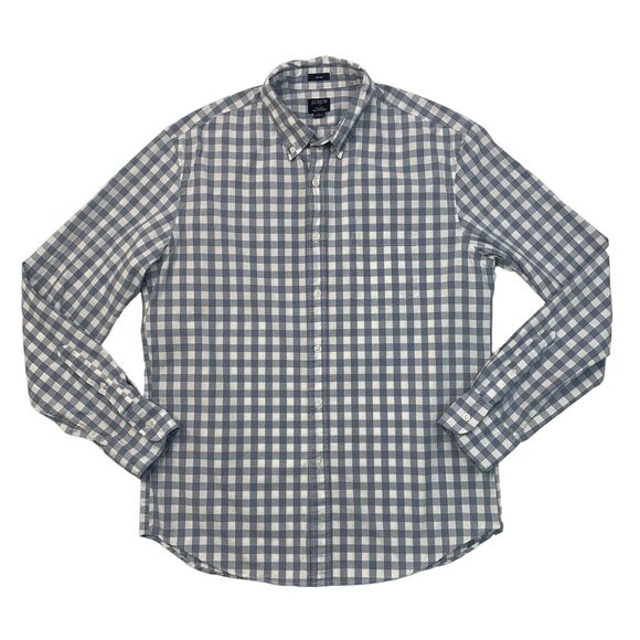 J Crew Slim Shirt Mens L Large Slate White Gingham Plaid Flex Washed Cotton - Picture 1 of 10
